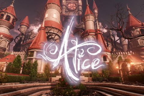 Affiche Alice : château aux toits rouges et sol en damier noir et blanc, titre en lettres claires, salle chez Inoui VR