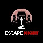 Logo d'Escape Night, silhouette sur chemin devant château nocturne