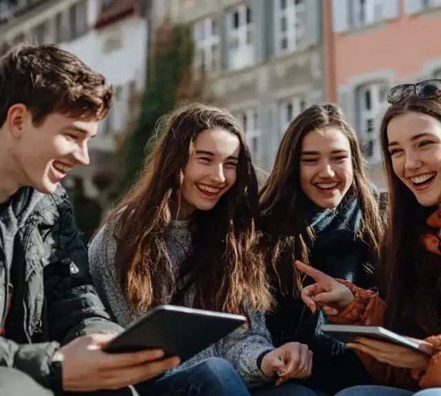 Quatre jeunes riant autour de tablettes dans une rue, escape game extérieur d'Evade