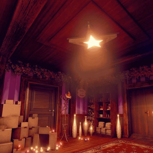 Pièce rouge et violette avec cartons de cadeaux empilés, étoile lumineuse et portes en bois, salle Christmas chez Inoui VR