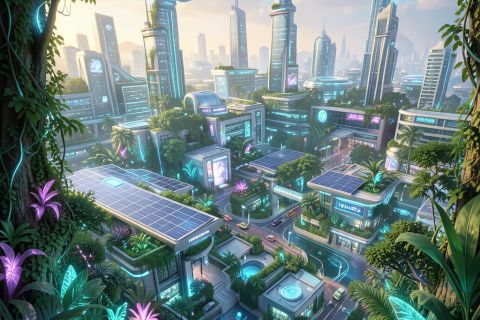 Ville futuriste couverte de végétation et de panneaux solaires, visuel de Futur Solarpunk