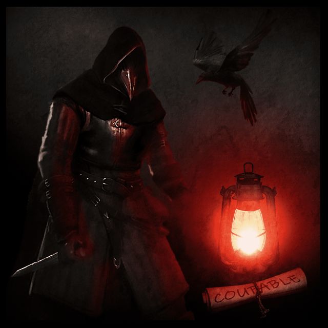 Silhouette masquée, corbeau en vol et lanterne rouge, enquête du Village Secret