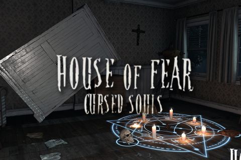 Pièce sombre avec une croix au mur, cercle de bougies au sol et titre House of Fear Cursed Souls, jeu chez Inoui VR à Lille