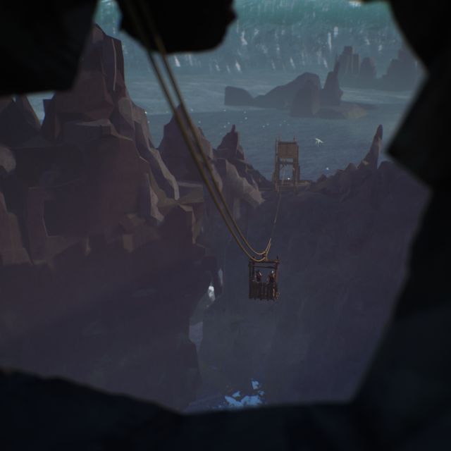 Vue depuis une ouverture sombre sur un paysage de falaises et de ruines, jeu Ascenders chez Inoui VR à Lille