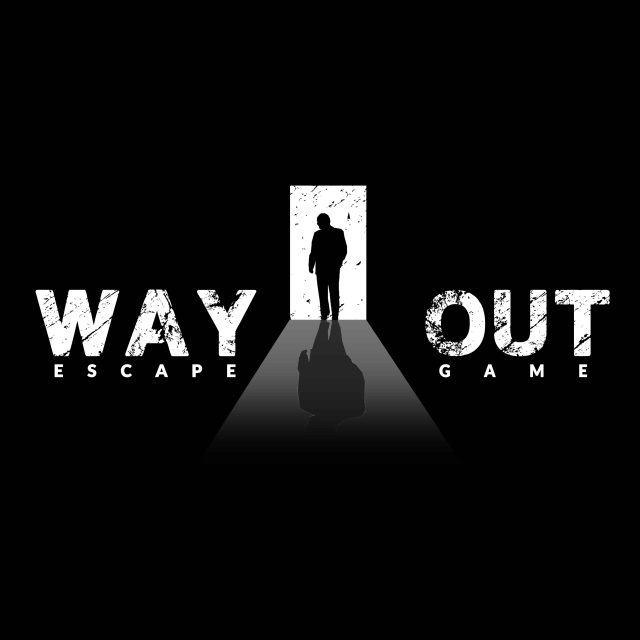 Silhouette d'un homme face à une porte illuminée, logo de Way Out escape game à Lyon