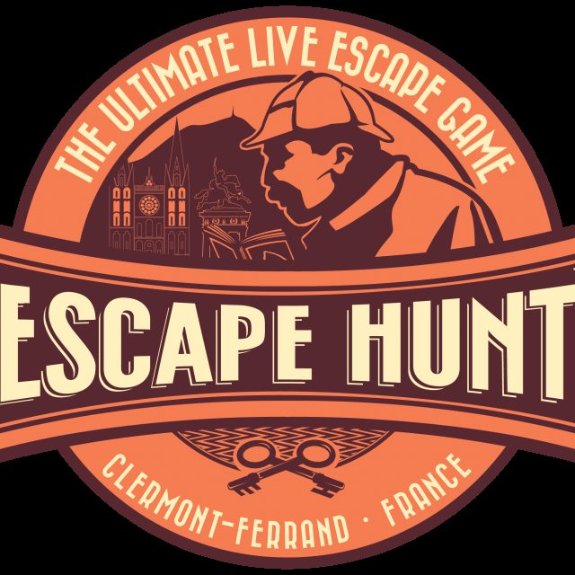 Logo de Escape Hunt, escape game à Clermont-Ferrand, avec détective et architecture gothique