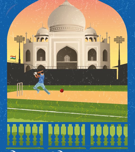 Joueur au cricket devant un Taj Mahal stylisé, affiche de voyage Indian Trip