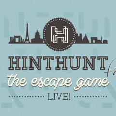 Logo de HintHunt, escape game à Paris, sur fond de skyline parisien