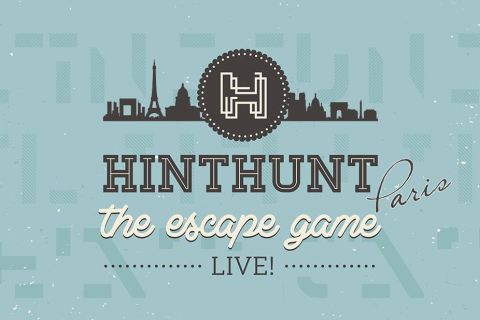 Logo HintHunt Paris, the escape game live : skyline parisienne sur fond bleu clair