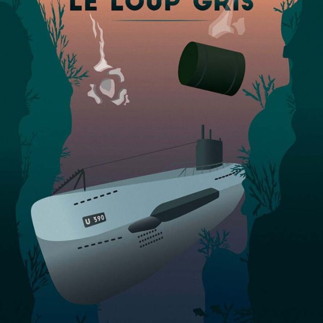 Affiche d'un sous-marin dans un canyon sous-marin, titre Le loup gris, salle chez Le Blockhaus