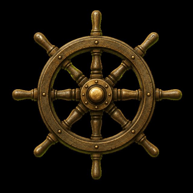 Barre à roue de navire en bois et laiton sur fond blanc, salle Le trésor de Black Sam, Victory Escape Game Maurepas