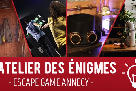 Bandeau L'atelier des énigmes escape game Annecy : montage de joueurs, chapeau steampunk et ampoule blanche sur fond rouge