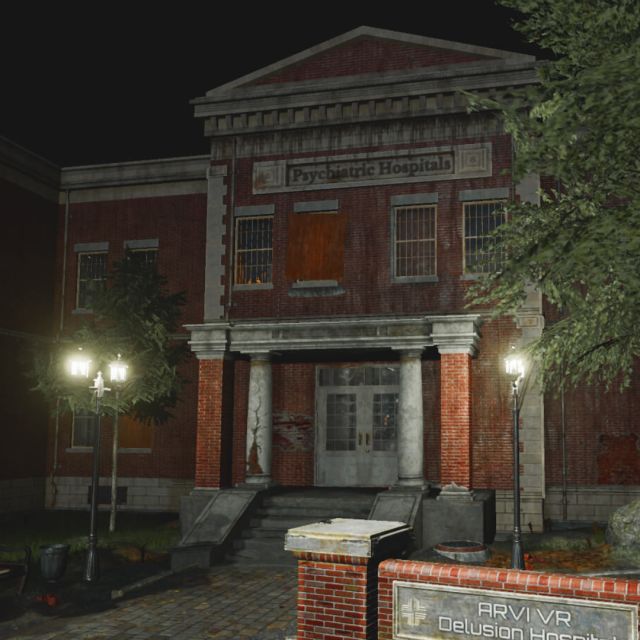 Bâtiment en brique rouge éclairé de lampadaires la nuit, jardin et arbres, salle House of Fear Call of Blood chez Inoui VR