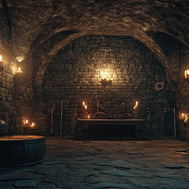 Grande cave voûtée en pierre éclairée de torches et de bougies, Time Out Real Escape Game à Marseille