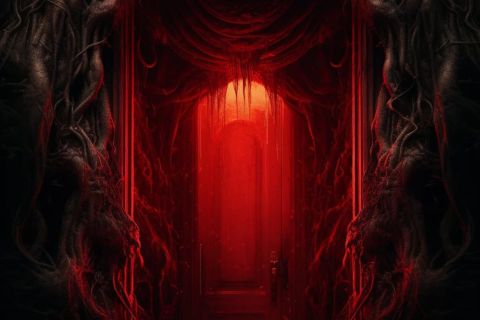 Porte rouge luminescente encadrée de sculptures sombres, salle La Crypte à Crolles