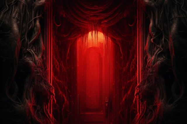 Porte rouge luminescente encadrée de sculptures sombres, salle La Crypte à Crolles