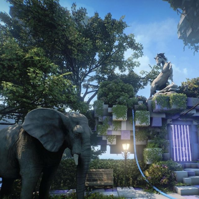 Éléphant devant une porte lumineuse de ruines envahies par la jungle, salle Jungle Quest chez Inoui VR