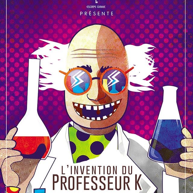 Affiche colorée du Professeur K tenant des fioles, entouré de matériel scientifique bariolé