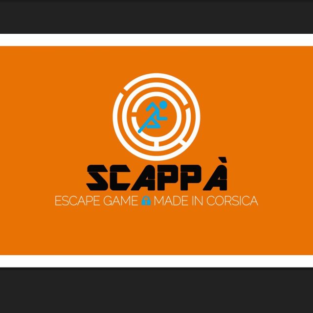 Logo de Scappà, escape game à Furiani, fond orange avec symbole circulaire bleu