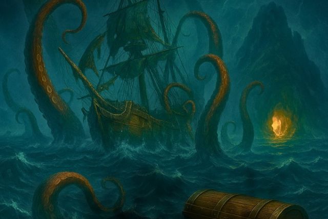 Voilier enserré par les tentacules d'un kraken dans une mer verte, Le Trésor du Kraken