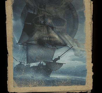 Vieux navire pirate voguant en haute mer sous ciel orageux, dans la salle La Cale de Cortez