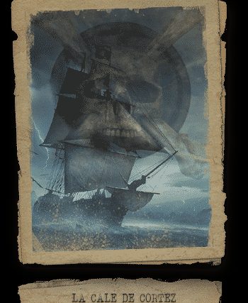 Vieux navire pirate voguant en haute mer sous ciel orageux, dans la salle La Cale de Cortez