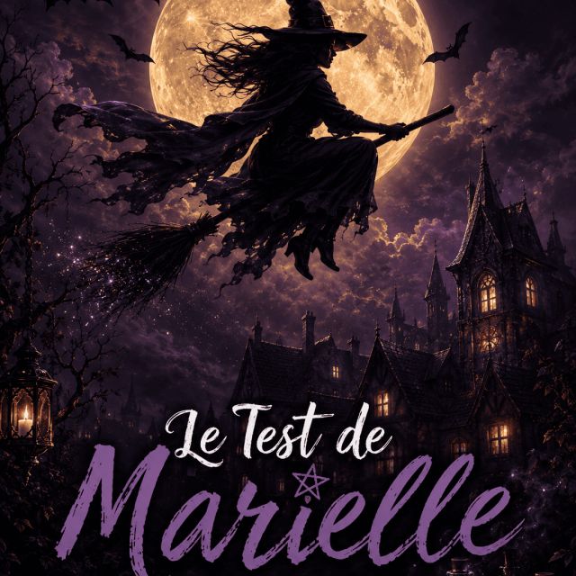 Sorcière sur un balai devant la pleine lune, titre Le test de Marielle, affiche de l'enseigne Délivrés à Pau