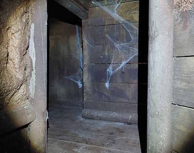 Entrée d'une galerie de mine en planches avec toiles d'araignée, salle La ruée vers l'or chez Time Lapse