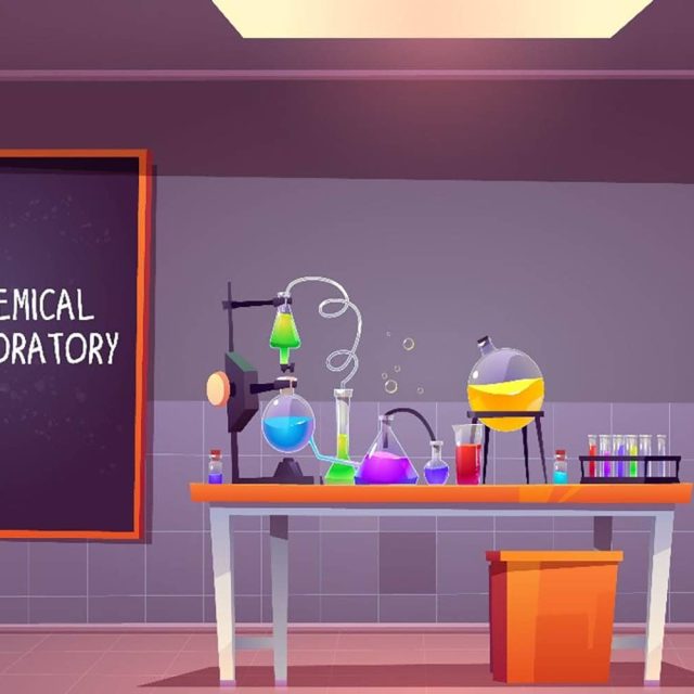 Laboratoire chimique aux murs violets avec table d'expériences et appareils colorés dans L'invention du professeur K
