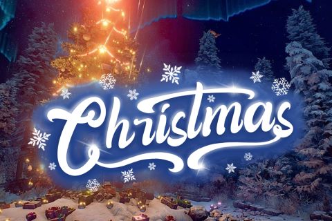 Affiche Christmas : sapin illuminé, forêt enneigée et titre en lettres bleues givrées, salle Christmas chez Inoui VR