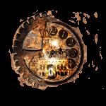 Logo d'Arrascape à Arras : une horloge à engrenages en cuivre sur laquelle apparaît un beffroi, trou de serrure au centre