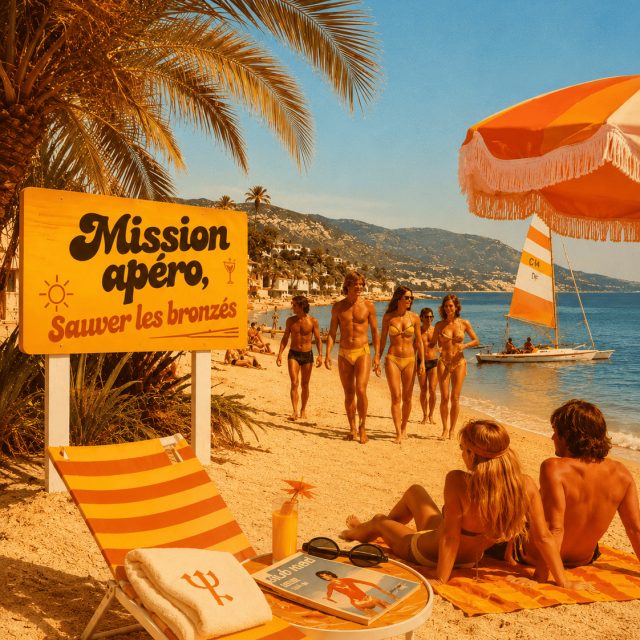 Panneau jaune Mission apéro sur une plage avec transats rayés orange, salle Glacière Apéro chez Smart Escape Game