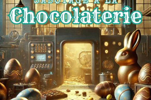 Affiche Sabotage à la chocolaterie : lapin et œufs en chocolat devant une machine d'usine