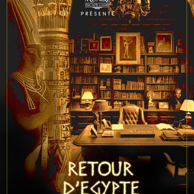 Bureau ancien, bibliothèque et colonne égyptienne, visuel de La Course Contre la Montre