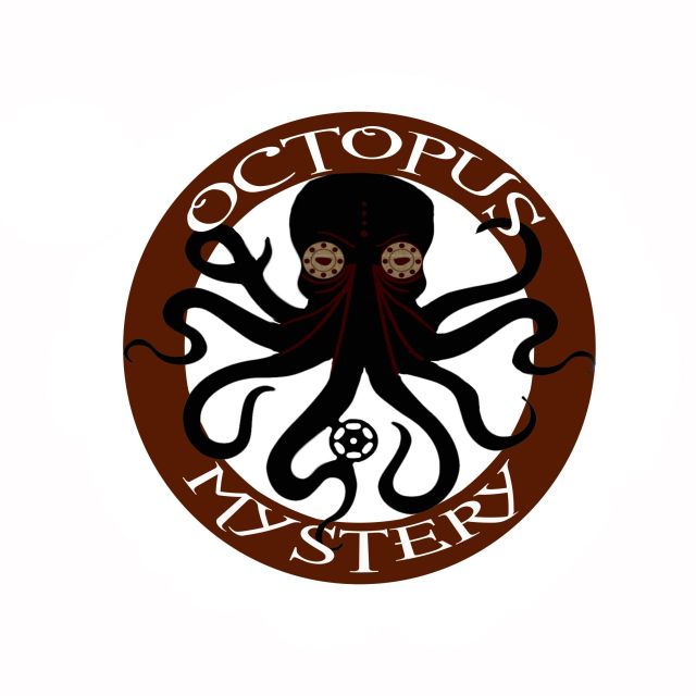 Médaillon brun Octopus Mystery avec pieuvre noire sur fond blanc, enseigne de Saint-Amand-Montrond