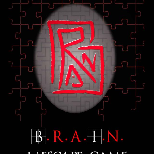 Logo de BRAIN Lannion, lettres rouges sur fond labyrinthique gris