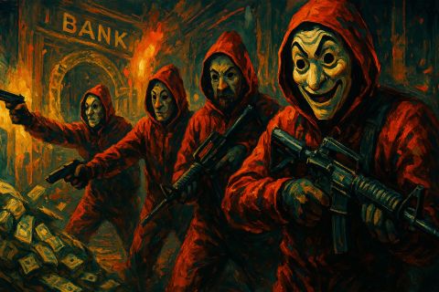 Braqueurs en combinaison rouge et masque devant une banque en flammes, visuel du Casse du siècle