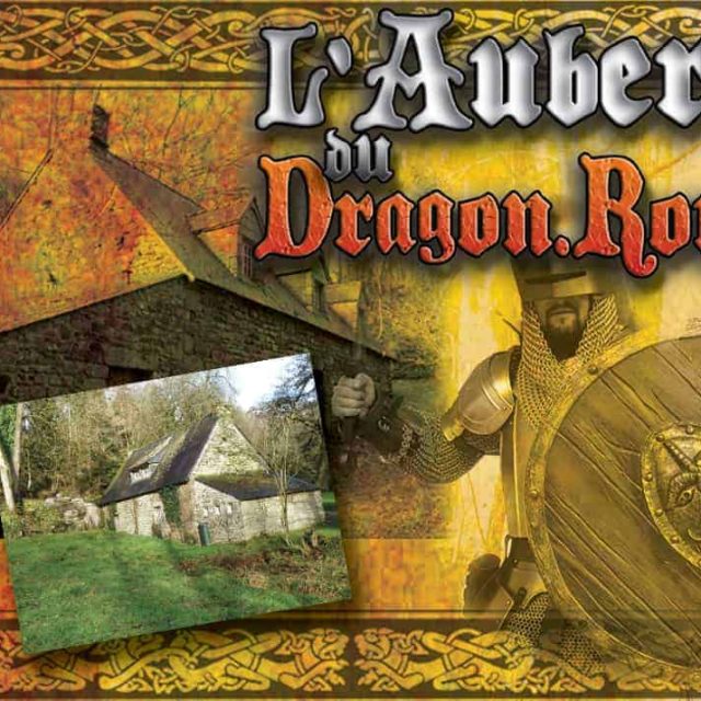 Décor médiéval avec guerrier, bouclier doré et auberge en pierre dans L'auberge du Dragon Rouge