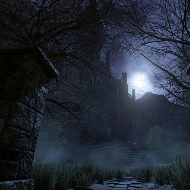 Portail de pierre en ruine et arbres nus dans la brume, éclairés par la lune, salle Sanctum chez Inoui VR