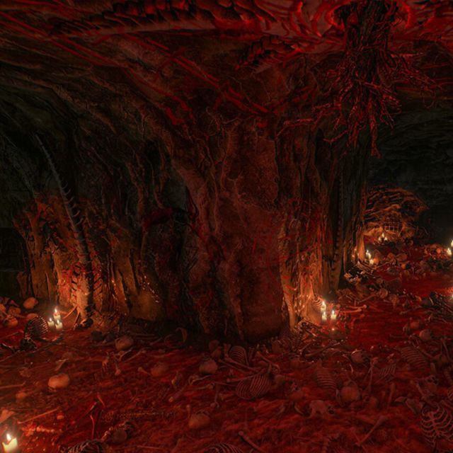 Caverne rougeoyante au sol couvert de pétales rouges et de bougies, salle Sanctum chez Inoui VR
