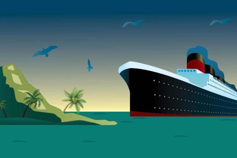 Paquebot de luxe naviguant vers une île tropicale sous un ciel dégagé