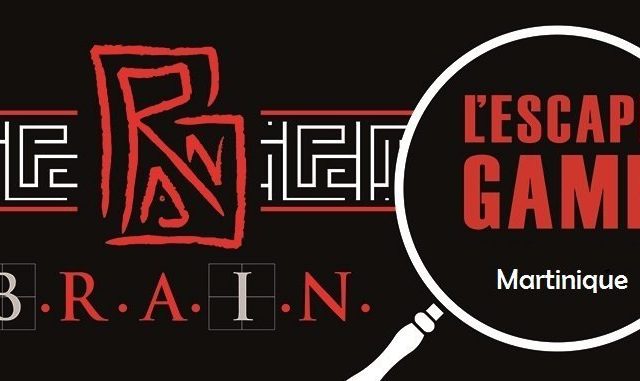 Bandeau BRAIN L'Escape Game Martinique : logo rouge et lettres B.R.A.I.N. dans une loupe blanche, Le Lamentin