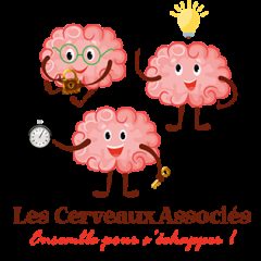Logo de Les Cerveaux Associés, escape game à Tonnay-Boutonne, trois cerveaux roses souriants