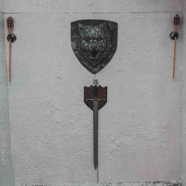 Mur gris avec blason de loup, épée et torches dans Castle Fire Ice chez Game Over