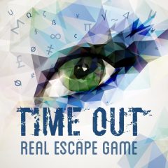Logo de Time Out Real Escape Game, escape game à Marseille, oeil stylisé géométrique bleu et vert avec symboles mathématiques