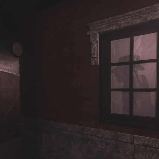 Couloir sombre aux briques rouges, fenêtre éclairée et porte dans la salle Jack The Ripper