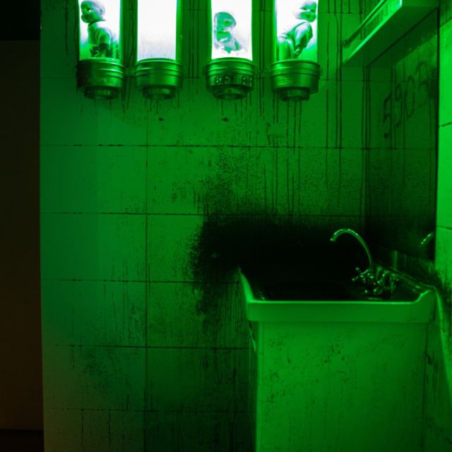 Évier et carrelage sous une lumière verte, décor d'une salle de Rashomon Escape