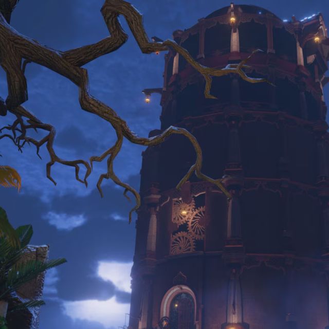 Tour de pierre éclairée la nuit, branches tordues et feuillage au premier plan, salle Prince of Persia chez Inoui VR