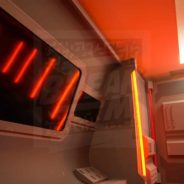 Intérieur futuriste avec néons rouges et orangés, panneaux lumineux dans Space Adventure