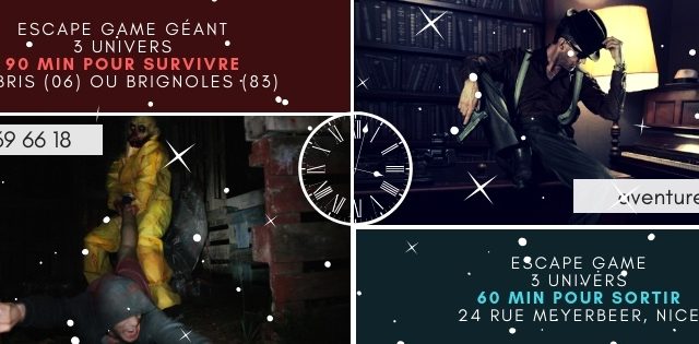 Décor sombre avec horloge et personnage en costume, ambiance mystérieuse chez Aventure Live! Escape Game à Nice